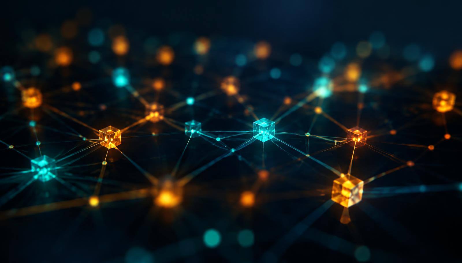 Glowing teal and amber blockchain network nodes on a dark background